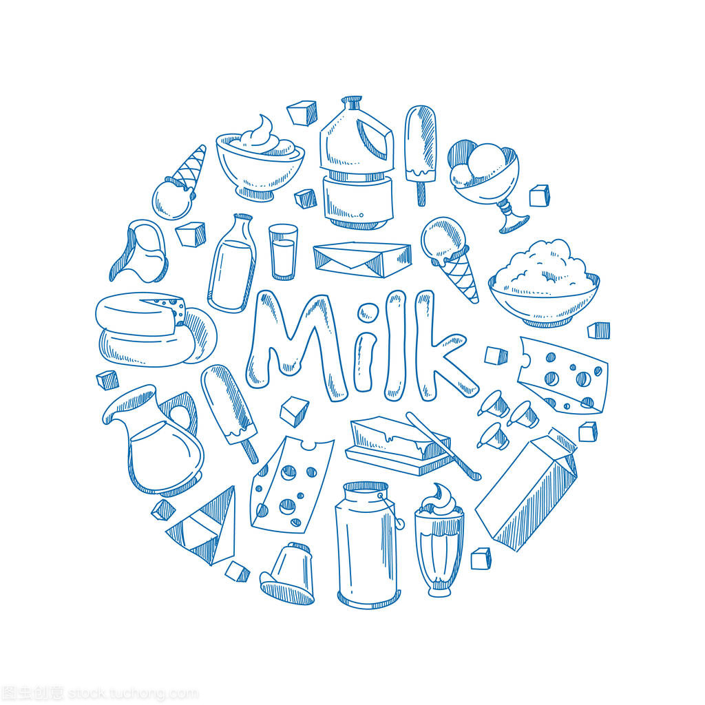 草绘牛奶产品,农场早餐矢量概念与涂鸦乳制品图标